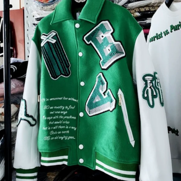 地球店重工毛巾绣绿色vintage棒球服秋季潮宽松休闲运动外套