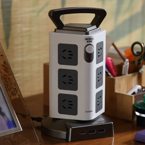 Prise intelligente verticale Aidepu – multiprise multifonction avec câble, ports PD, design compact pour usage domestique.