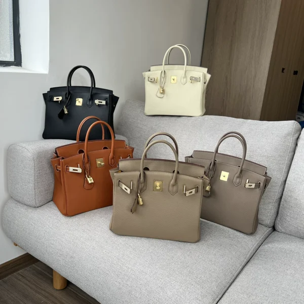 金银钻扣荔枝纹头层牛皮铂金包真皮手提包时尚大容量通勤百搭女包